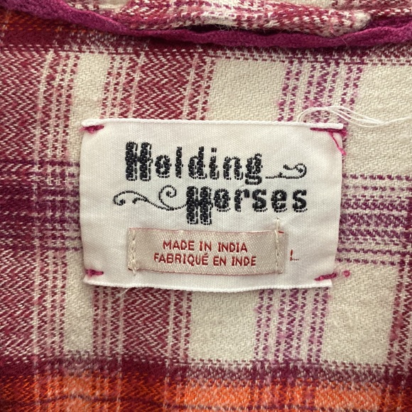 Boho Anthropologie Holding Horses Plaid embroidered sleeve flannel size L - Picture 2 of 4